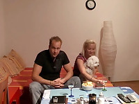 A little bit drunk blonde with big tits is crazily riding the boyfriend’s cock