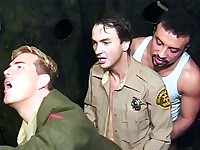 Three handsome gay men in uniform are indulging their hunger for group sex. It all starts when one of them went down and examined two stiff dicks with his mouth. He gave them a thorough sucking and stroking before they all began bottoming each other.